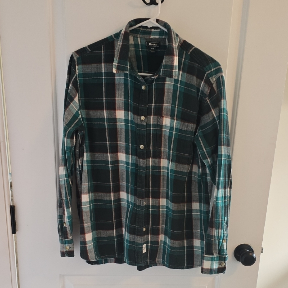 Roots Dark Green Plaid Casual Shirt Womens M